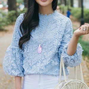 Chicwish 3D Floral Romantic Crochet top balloon puff sleeves